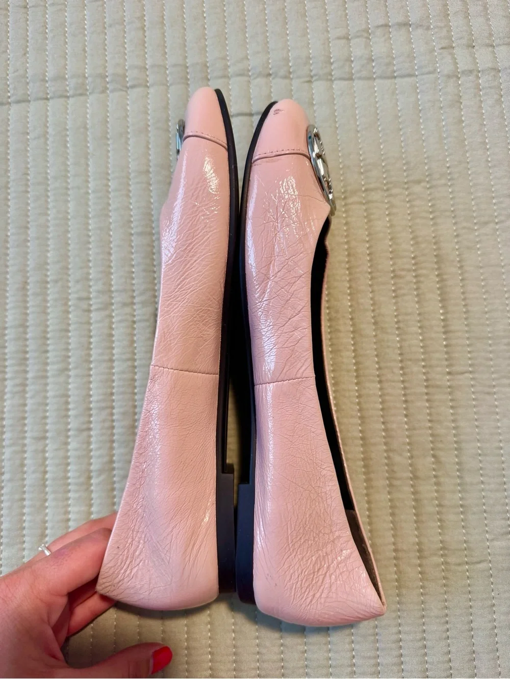Tory Burch Chelsea Cap-Toe Leather Ballet Flats Shell Pink Silver Logo Size 6.5
